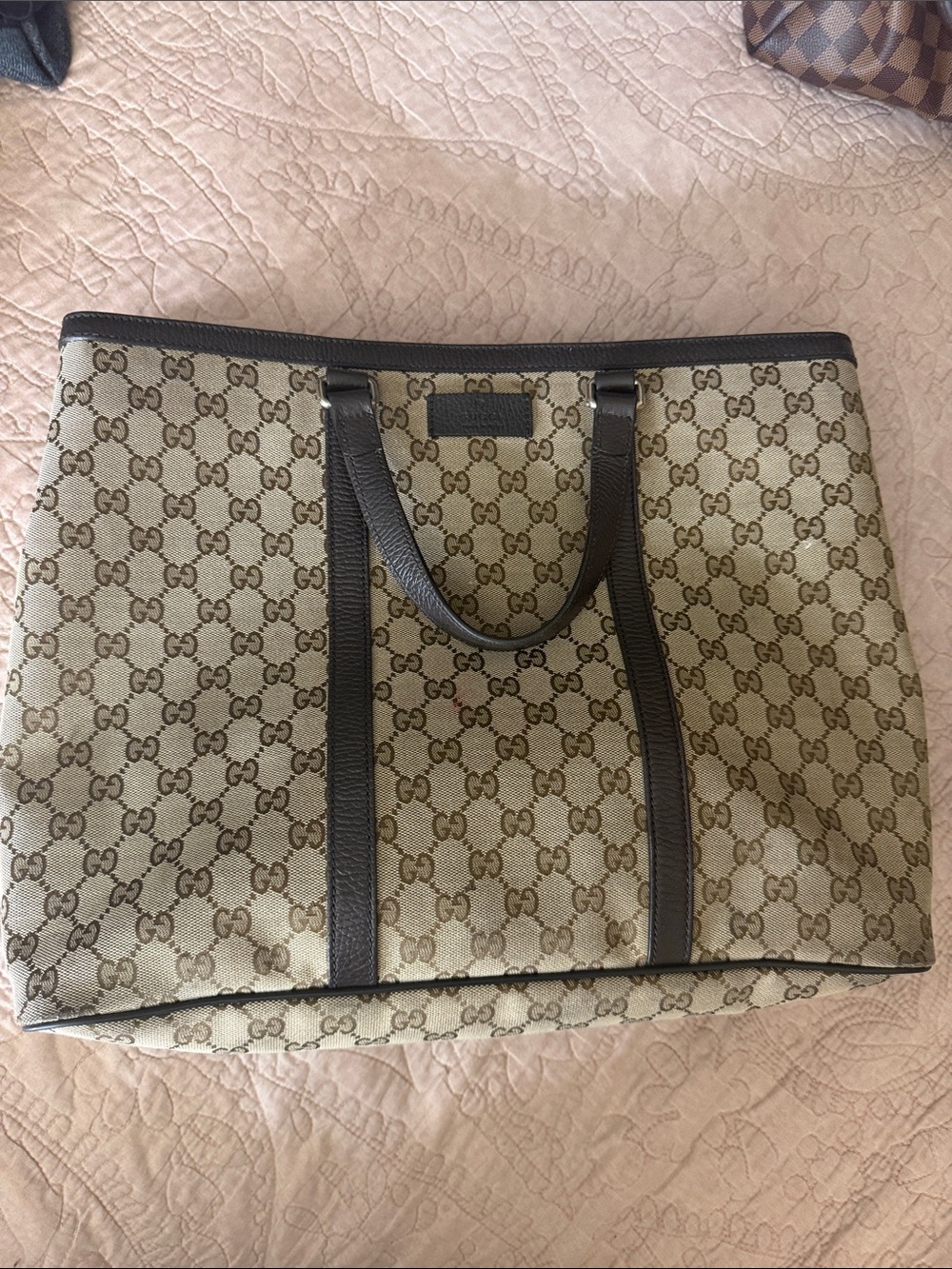 Gucci Beige GG Canvas Tote with Dark Brown Leather Trim